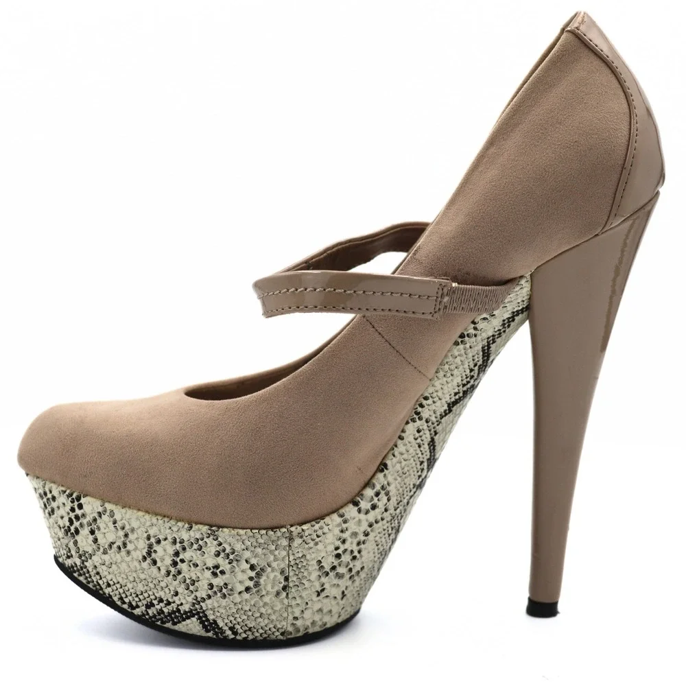 JustFab Taleen‎ Platform Pumps Women 8 Taupe Snakeskin Mary Jane Stiletto Heels